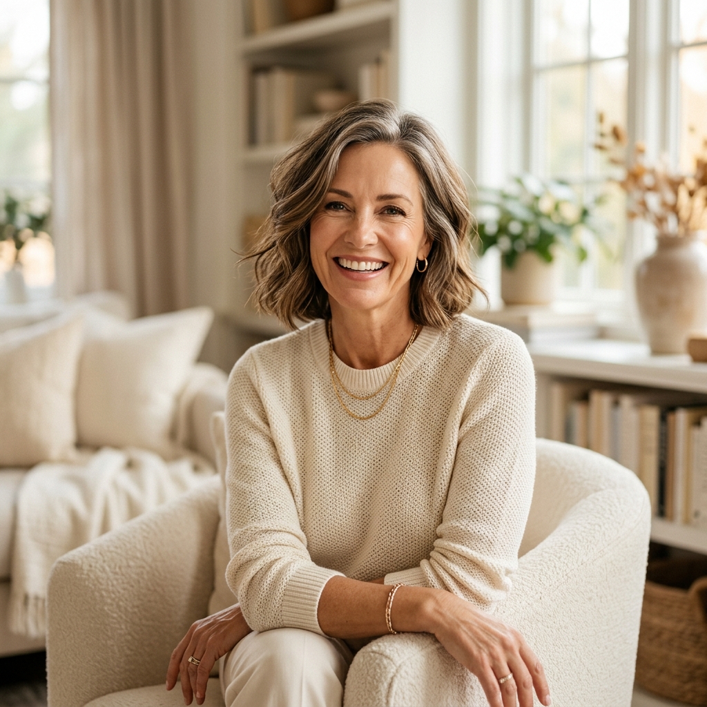 Confident and radiant woman over 40 reflecting healthy aging